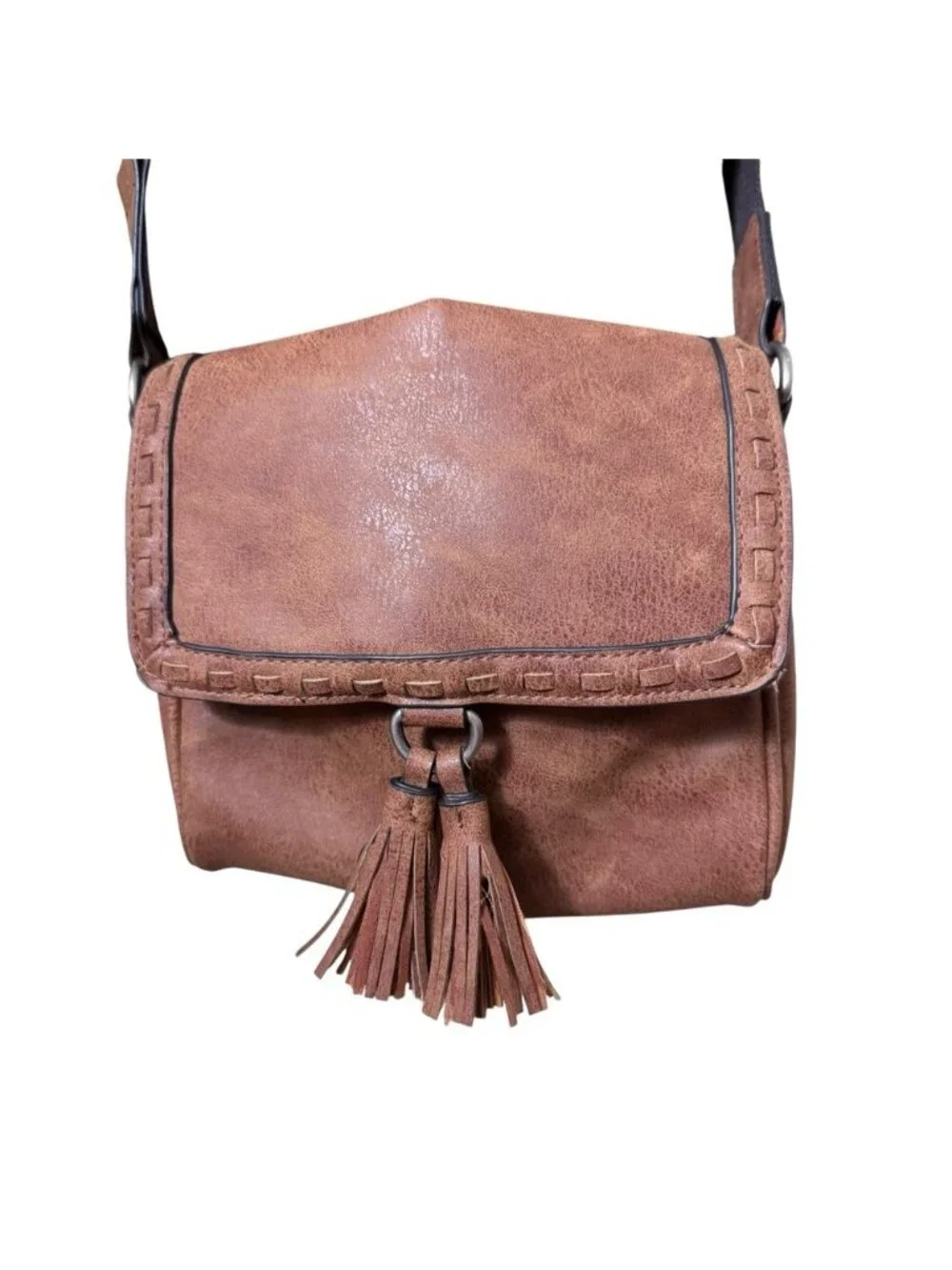Boho Brown Crossbody Bag Guitar Strap Faux Leather Tassel Textile